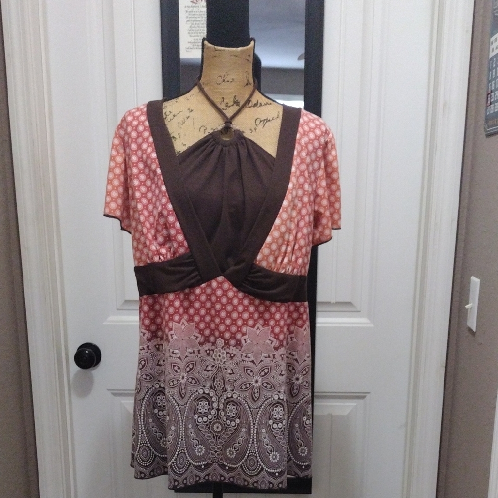 Maurices Brown and Coral Patterned Blouse Size 1